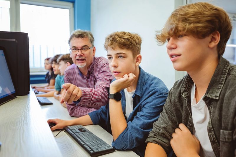Gen Z teenage high school students coding durning computer lessons, talking with male teacher.