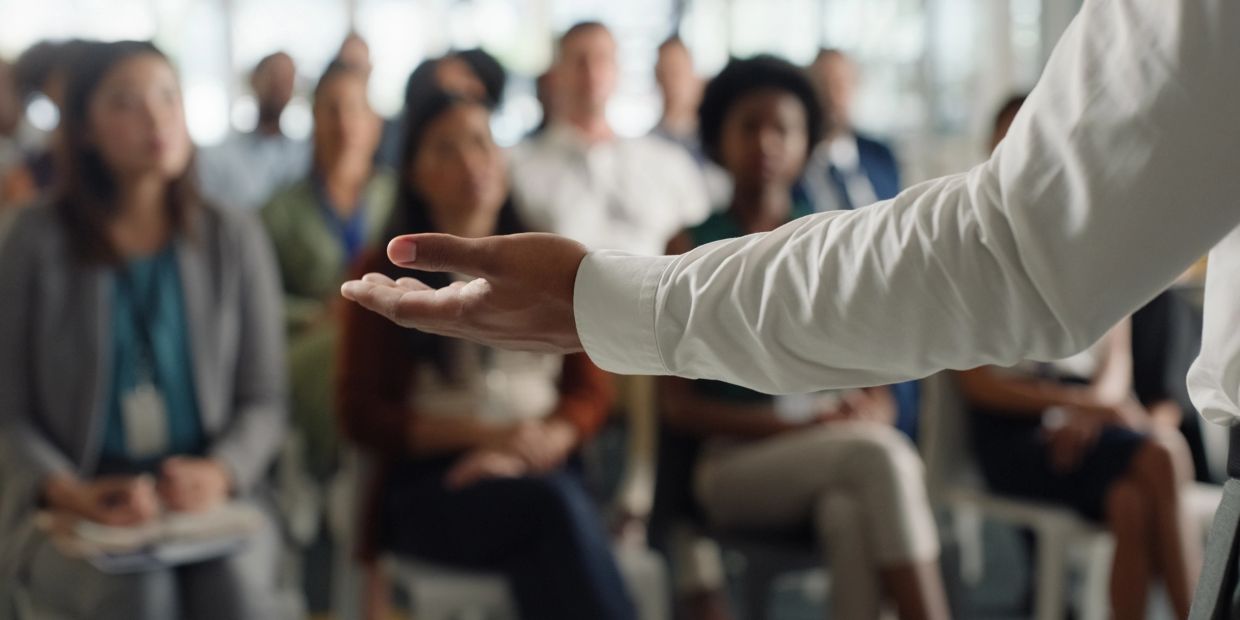 Speaker engaging an attentive audience with an open hand gesture.