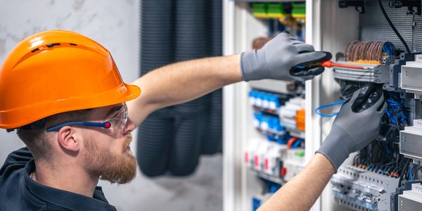 Electrician in safety gear working on an electrical panel.