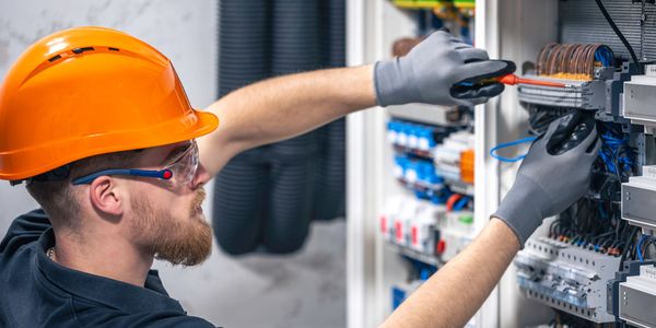 Electrician in safety gear working on an electrical panel.