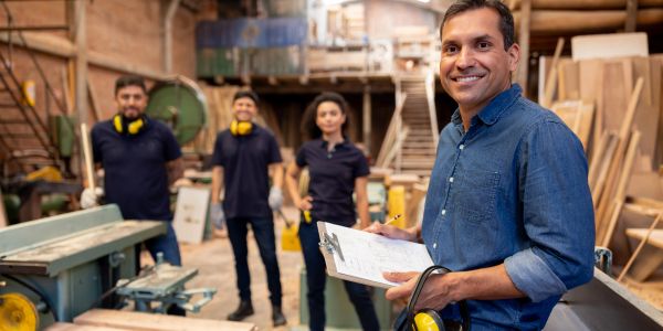 Confident worker with clipboard in a woodworking shop.