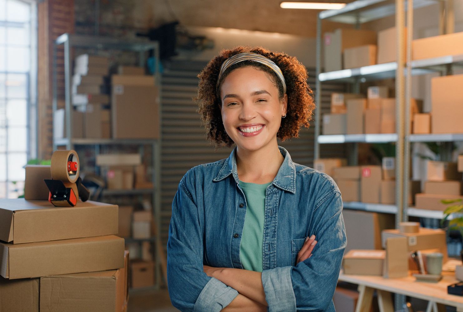 Smiling woman standing confidently in a packaging room with boxes.