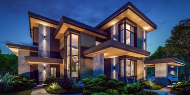 Modern two-story house illuminated at dusk with landscaped garden.