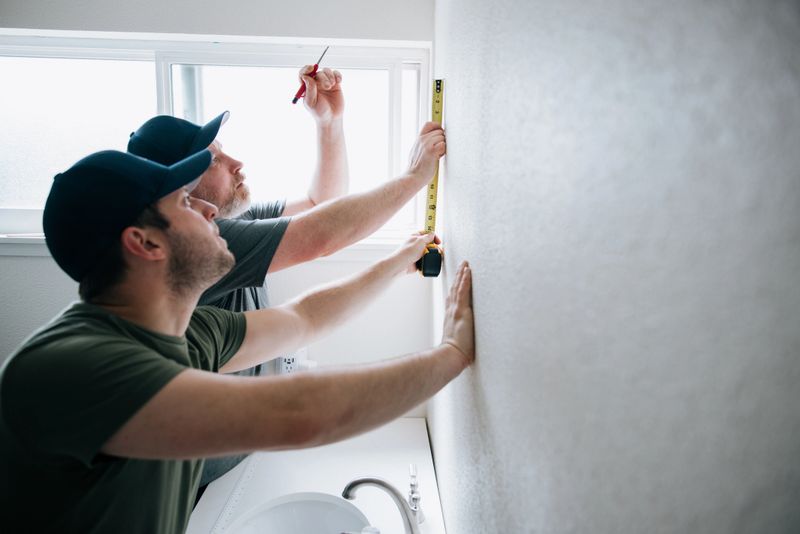 Two Caucasian men (could be father and son) installing a mirror over a bathroom vanity in a home remodel.