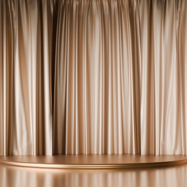 Empty gold stage with elegant curtains in the background.
