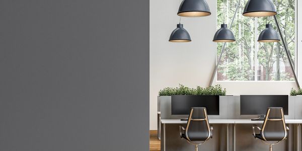 Modern office space with black chairs, pendant lights, and large windows overlooking trees.