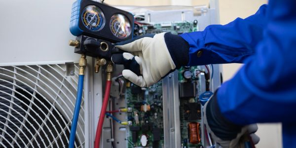 Technician adjusting HVAC system gauges.