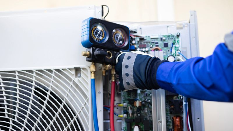Close-up Air conditioner technician hand check  fill refrigerant liquid and maintenance condenser unit, Home care service
