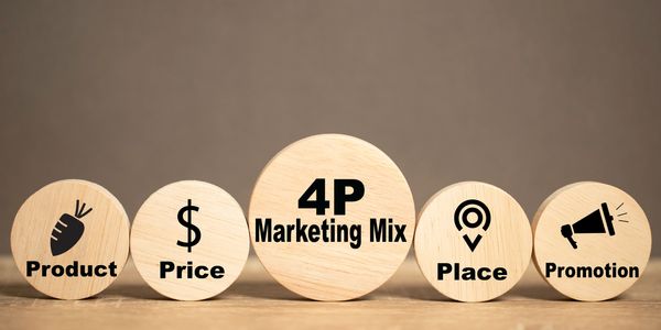 Wooden blocks illustrating the 4P marketing mix: Product, Price, Place, Promotion.