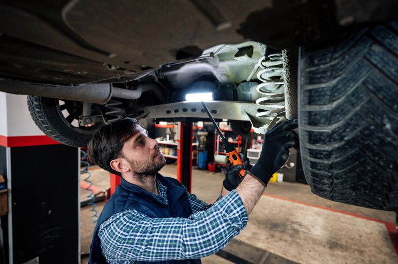 Car mechanic fixing or checking the car in workshop