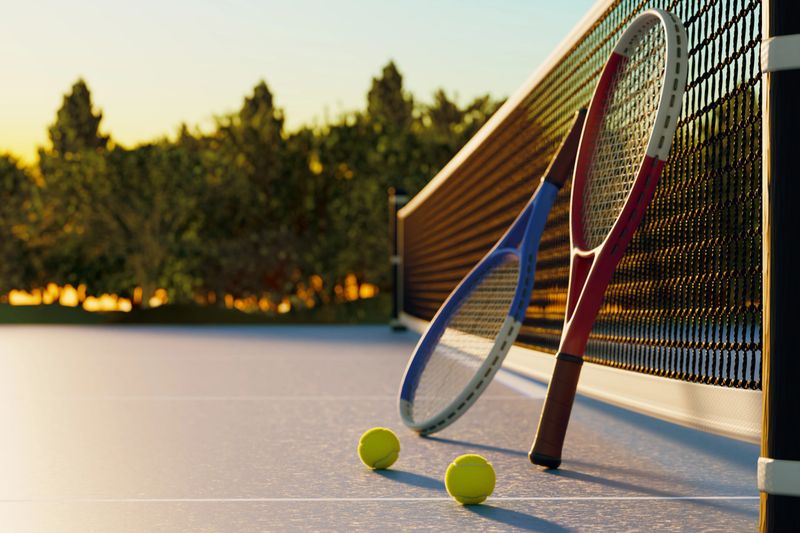 On a sports court near the net there are tennis rackets and balls. 3d rendering