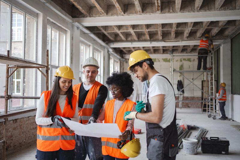 Group of multiracial construction workers looking together at blueprint on construction site