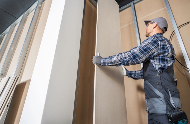 Construction Worker Fitting Piece of a Drywall Inside Newly Built Commercial Building