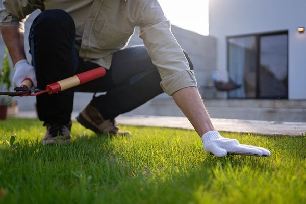 Person wearing gloves tending to a grassy lawn with gardening shears.