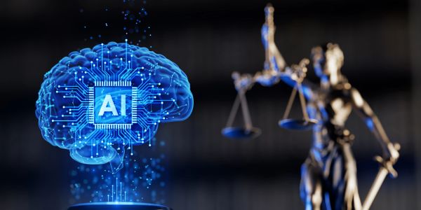 Holographic AI brain with justice statue in background.