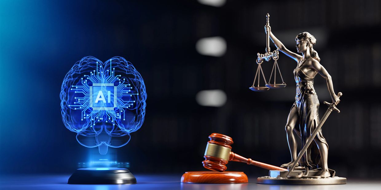 AI brain and Lady Justice statue with gavel symbolizing AI and law.