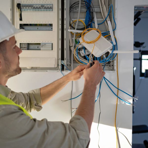 Electrician working on network cables and router.