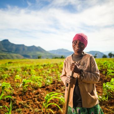 Smiling elderly woman standing in a green field with a hoe.