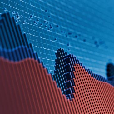 3D graph showing fluctuating data in blue and red colors on a grid background.