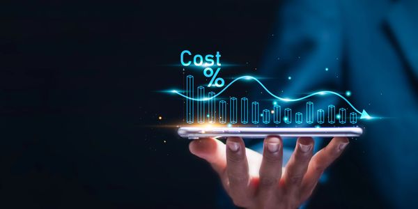 Hand holding a phone with cost percentage graph.