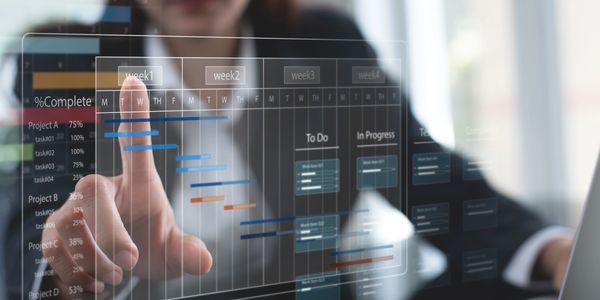 Person interacting with a transparent digital project management chart.
