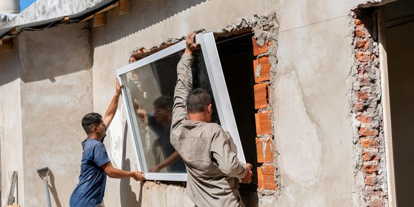 Two men installing a window frame on a house.