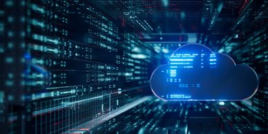Digital cloud computing concept with data flowing in a server environment.