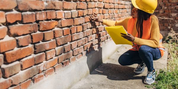 Woman in safety gear inspecting a brick wall with a clipboard.