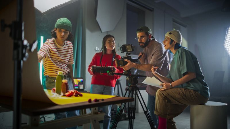 Diverse Young Filmmakers Collaborate On A Vibrant Set, Focusing On A Camera Setup While Discussing Scene Details, Reflecting Creativity And Teamwork In Modern Videography And Advertising Production.