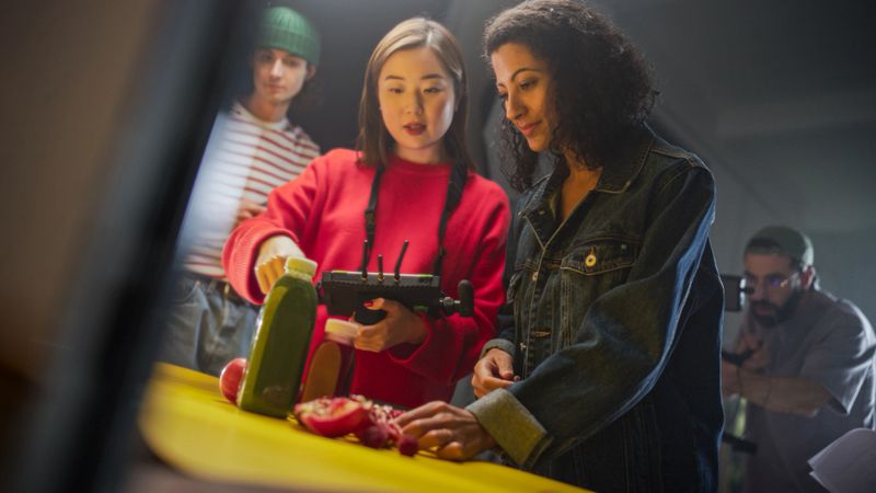 Young Asian Female Director And Black Female Assistant Collaborate On A Film Set, Surrounded By Crew And Equipment, Focusing On A Colorful, Engaging Scene With Fruits And A Camera Stabilizer.
