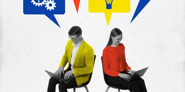 Two professionals working on laptops with colorful communication icons above.