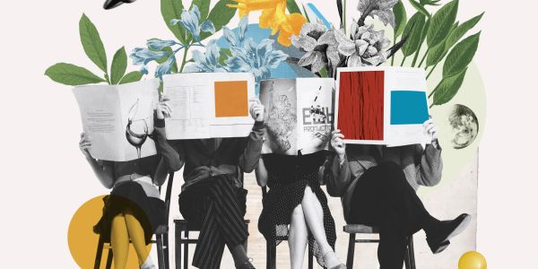 Collage de cuatro personas leyendo con fondo de flores y plantas.