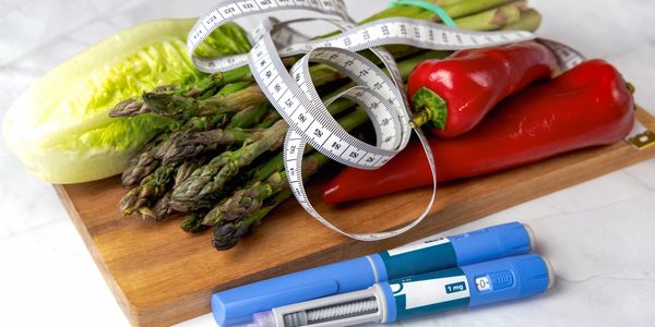 Fresh vegetables with insulin pens and a measuring tape on a wooden board.
