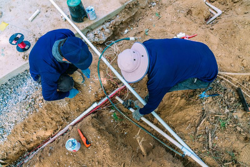 Overhead View of Two Workers with Blank Work Shirts Digging together to Install PVC Pipe and Solenoid Valve in New Construction in Midwest USA