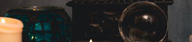 Tarot class with candles and crystals.