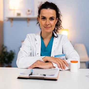 Confident female doctor in a white coat sitting at her desk with medical documents.