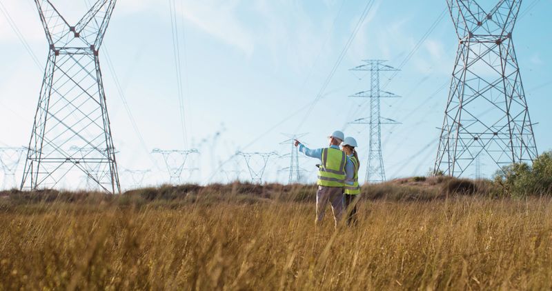 Teamwork, electrical engineer and inspection in power station with tablet for electricity transmission and tower check. Engineering, back and collaboration for energy distribution or mockup in field