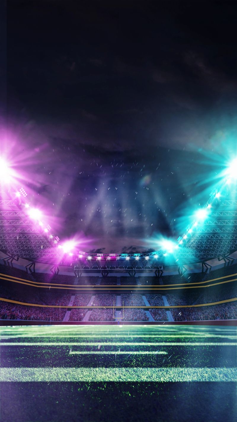 3D render of American football stadium, open air arena with blurred tribune with fans and night sky above. Neon illumination. Vertical image. Concept of sport, event, tournament, game, championship
