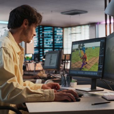 Man creating a 3D video game scene on a computer.