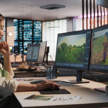 Woman editing 3D graphics on computer.
