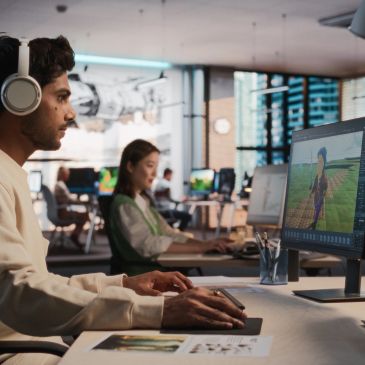 Man working on digital art at a computer.