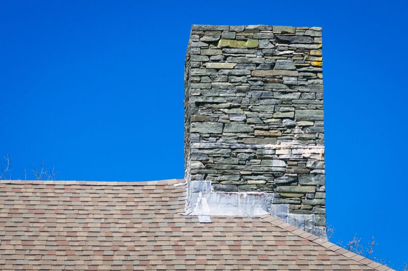 Lead flashing on a stone chimney against a deep blue  springtime sky.