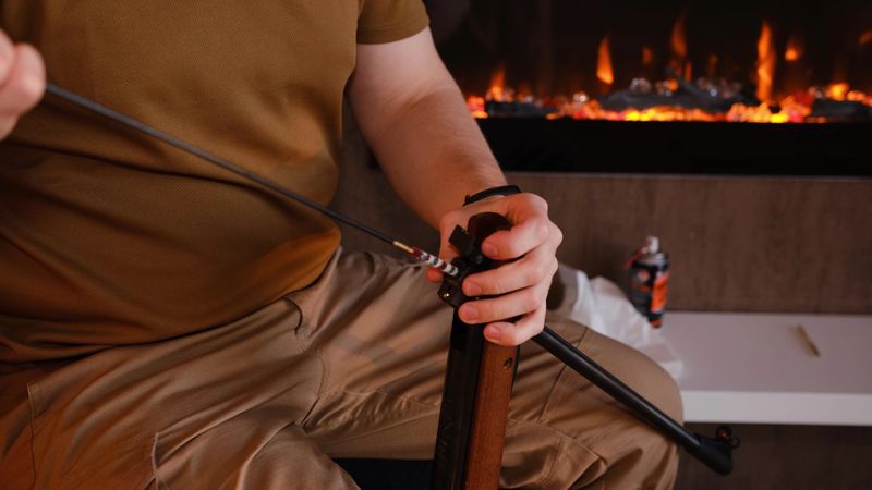 Gunsmith cleaning air gun rifle assemble dismantle maintenance. Opening of the spring hunting season. A man cleans rifle, maintenance before hunting. Close up on hands with fireplace on background.