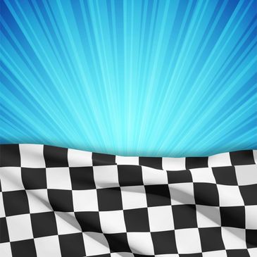 Checkered racing flag with vibrant blue rays background.