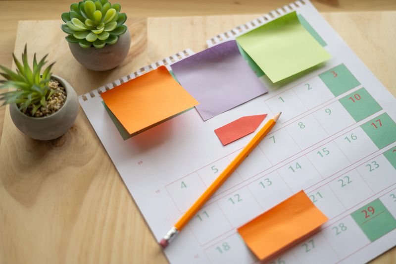 A Calendar On A Desk With Colorful Sticky Notes And A Pencil. Concept About The Organization And Planning Of Daily, Weekly And Monthly Activities