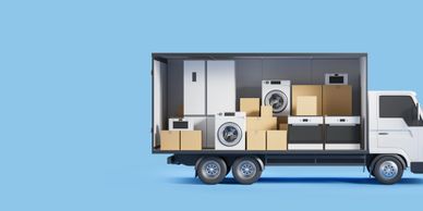 A delivery truck loaded with household appliances and cardboard boxes on a blue background.