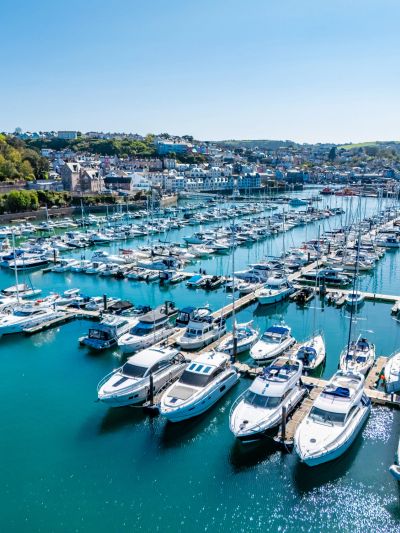 A marina filled with numerous boats under a clear sky.
