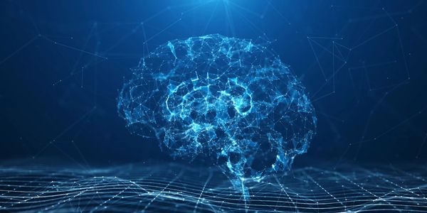 Digital 3D brain network with glowing blue connections on dark background.