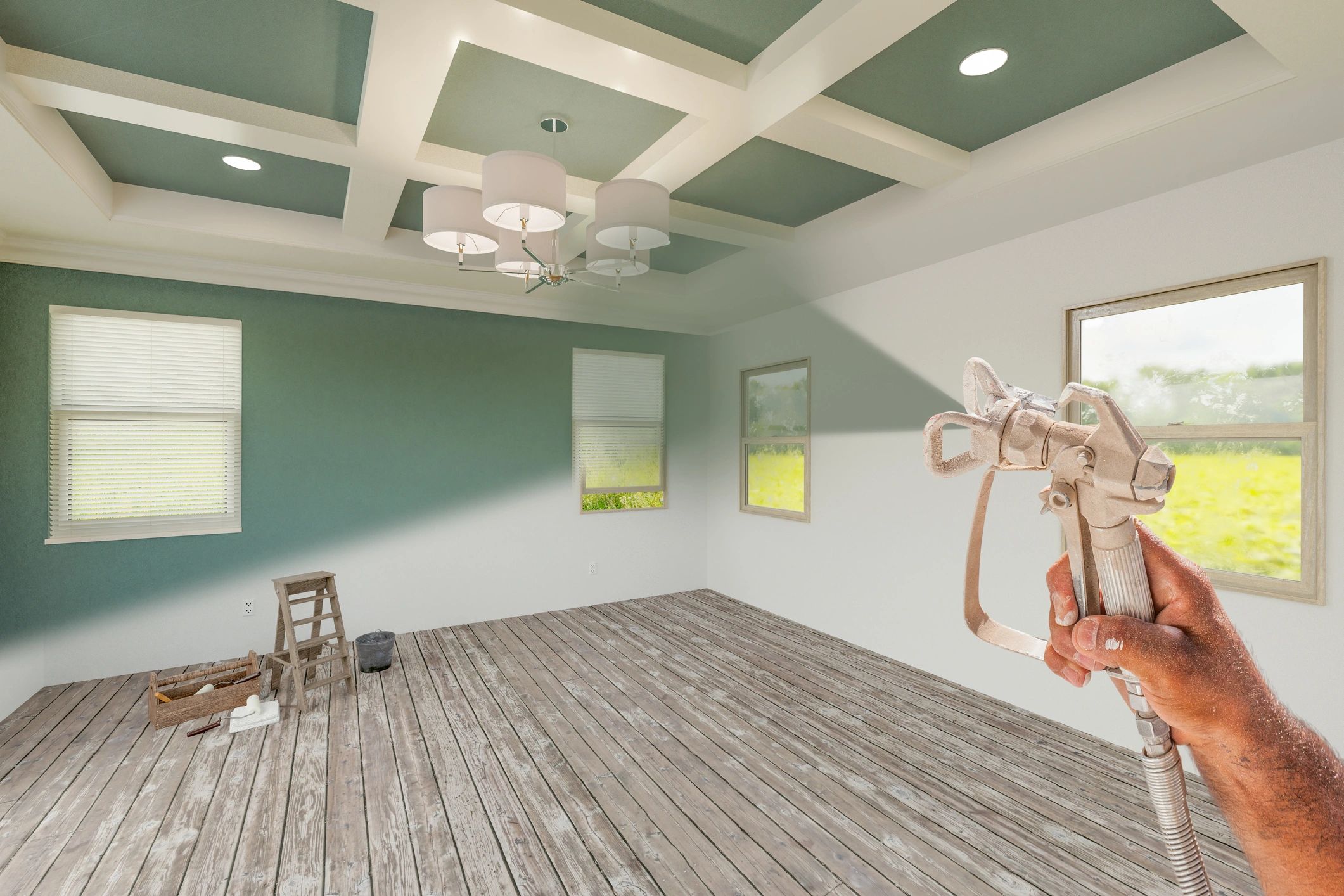 Person painting a room's interior with spray paint.