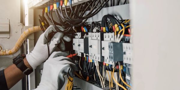 Technician working on electrical wiring in a control panel.